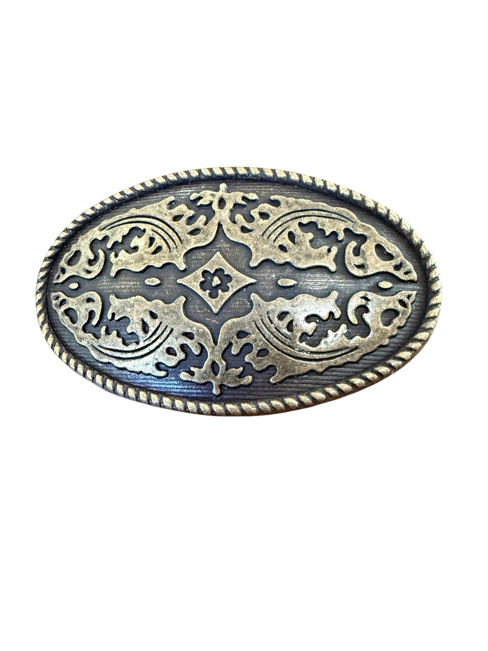 Vintage Western Filigree Floral Scrollwork Metal Brass Tone Oval Belt Buckle